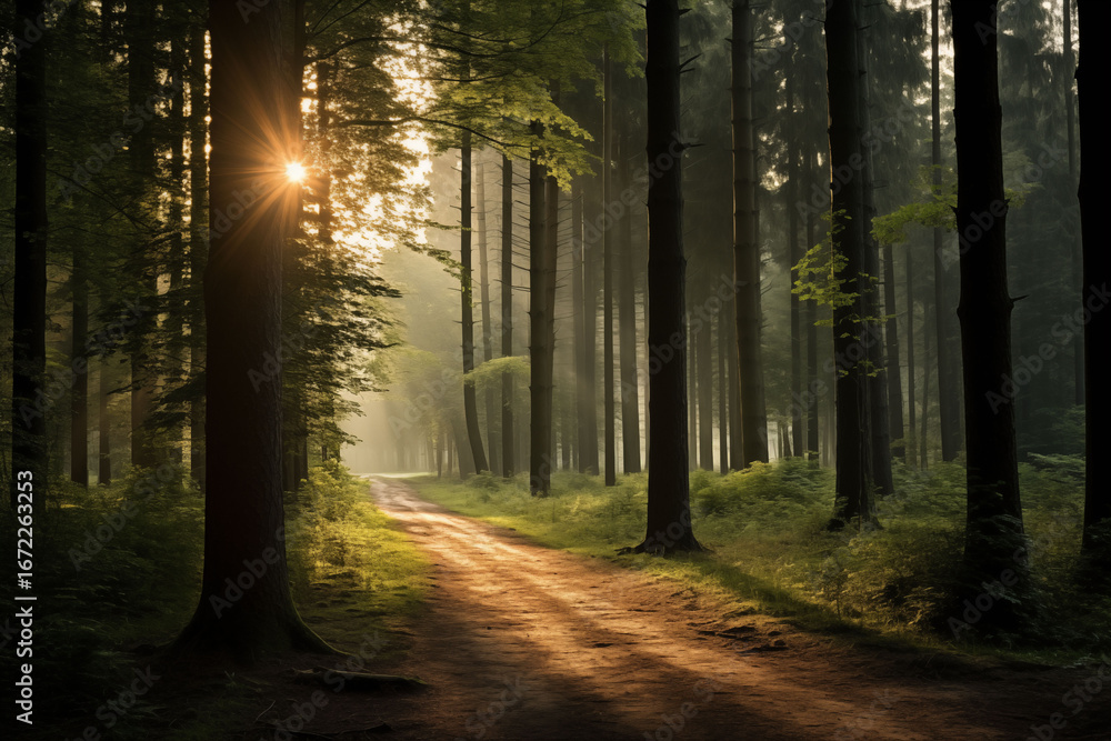 Fototapeta premium A sunlit path through a forest of tall trees