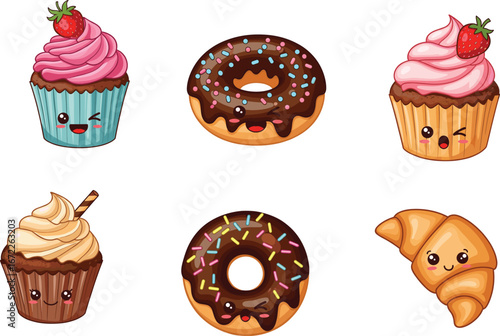 Cute kawaii dessert clipart bundle – chocolate donuts, cupcakes, croissant with smiling faces – pastry illustration set for kids crafts & stickers