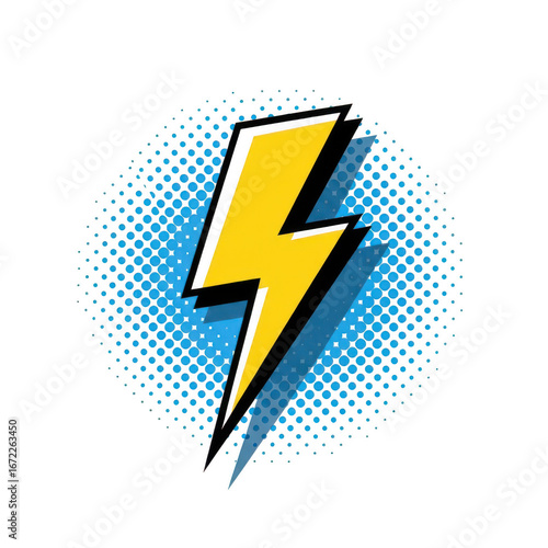 Yellow lightning bolt with comic book halftone effect isolated on transparent background