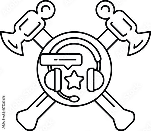 A black and white drawing of a hammer and an axe with a headset on the hammer