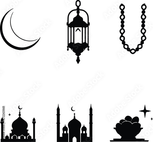 Ramadan kareem islamic symbols crescent moon lantern mosque dates beads vector illustration design concept