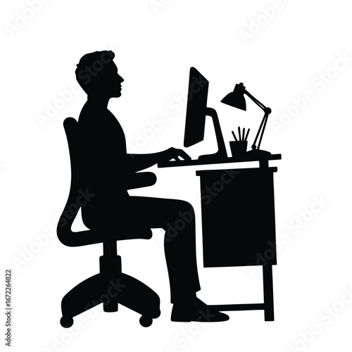 Black silhouette of a man working at a desk with a computer 1