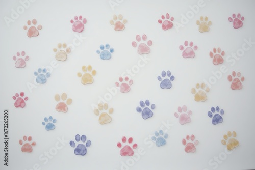 A colorful array of playful paw prints in pastel shades, perfect for pet-themed designs and backgrounds.