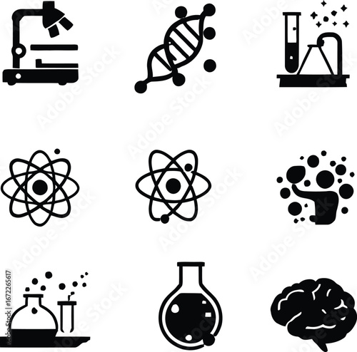 Science and research icons: microscope, dna, test tubes, atom, brain, and scientific experiments 100
