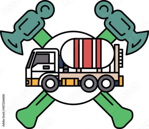 A cement truck is shown with a hammer and a wrench on the side