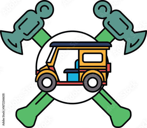 A yellow and green tuk tuk is drawn with a hammer and anvil