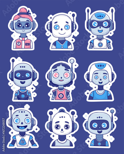 Futuristic AI Avatar Sticker Pack. Cute Robot, Chatbot Face, virtual bot girl Interface. Vector color hand drawing. Isolated Futuristic Avatar character. Not AI