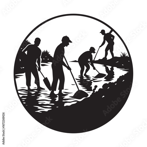 Riverbank Cleanup Volunteers Working Silhouette Illustration