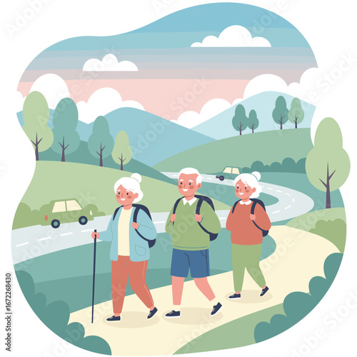 Active elderly hiking group walking along a winding road in a scenic nature landscape