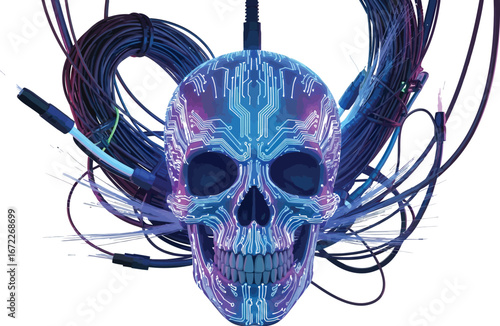 Cybernetic skull with glowing circuits and fiber optic cables art