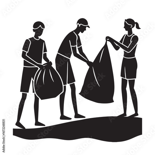 Beach Cleanup Volunteers Working Silhouette Illustration