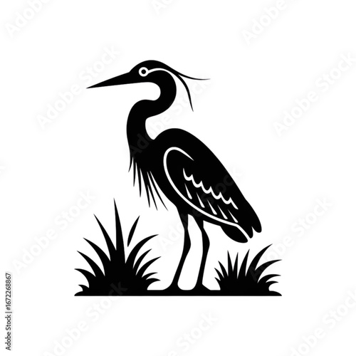 Elegant black heron standing serenely amidst stylized grass blades, evoking nature's calm beauty.