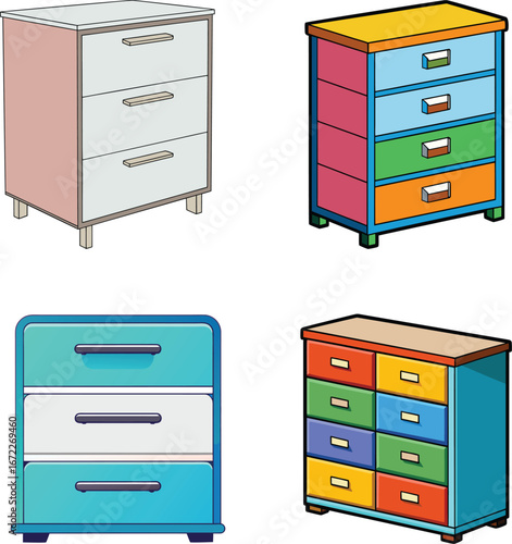 Colorful Vector Illustration of Modern Household Drawer Storage Unit. 