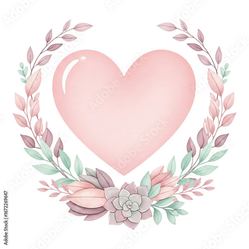 Pink watercolor heart with floral wreath isolated on transparent background