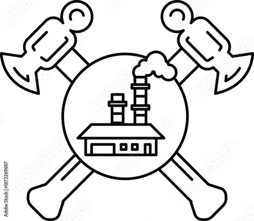 A black and white drawing of a hammer and sickle with a factory in the middle