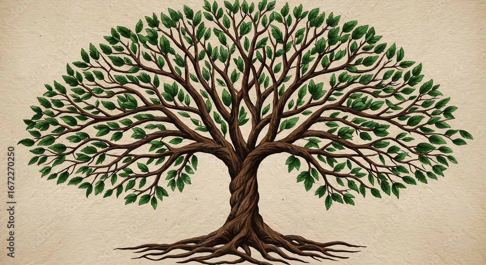 Naklejka premium Majestic ancient tree drawing softly lit evokes serenity. AI Generated