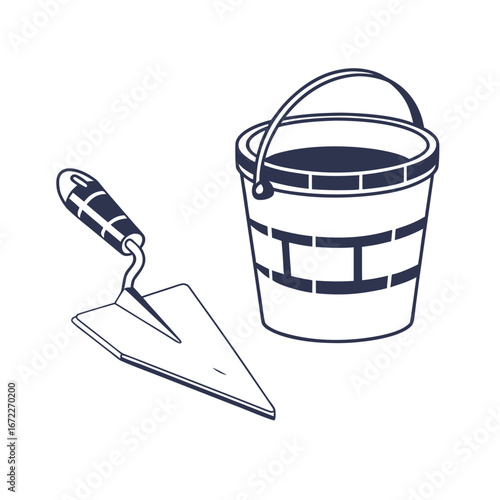 Monochrome line art illustration of a masonry trowel and bucket, essential tools for construction and building projects on a white background