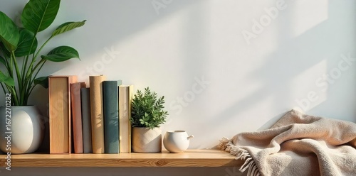 A relaxed arrangement of books, plants, and a cozy throw blanket casually displayed on a wooden shelf, creating a homey and inviting atmosphere , space, lifestyle