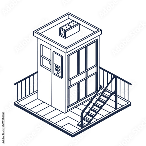 Isometric line art illustration of a crane operator cabin, a detailed vector drawing of an industrial control booth on a platform
