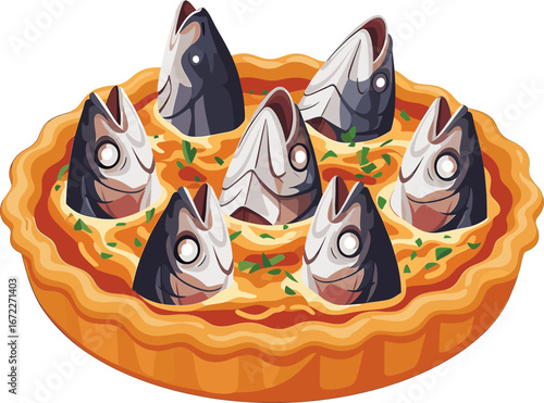 A Traditional Stargazy Pie with Fish Heads, a Cornish Cuisine Illustration SVG with Transparent Background