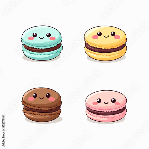 Cheery Macaron Family with Kawaii Faces and Colorful Pastry Shells