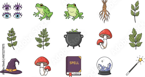 Witchcraft elements set with cauldron frogs mushrooms and eyes