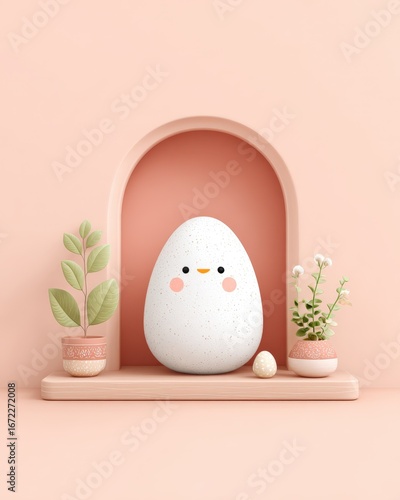 Cute, Minimalist 3D Render with Springtime Feel and Two Potted Plants on Peach Pedestal