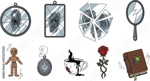 Spooky collection of broken mirrors doll rose and magic book