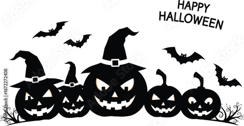 Silhouetted halloween pumpkins with bats and witch hats design