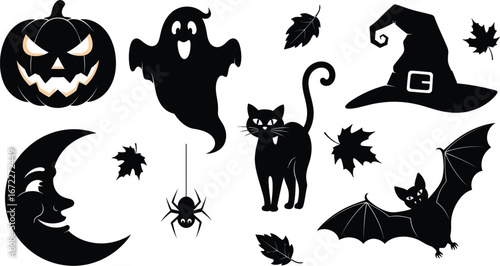 Spooky halloween silhouettes of a pumpkin ghost and black cat