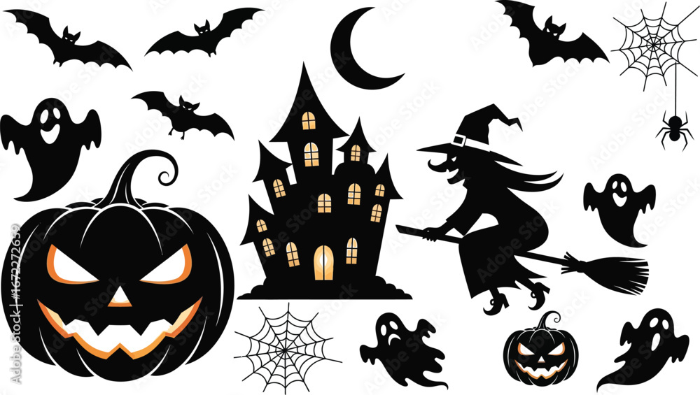 Fototapeta premium Spooky halloween silhouettes with witch ghosts and haunted house