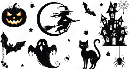 Spooky halloween silhouettes with witch pumpkin and haunted house