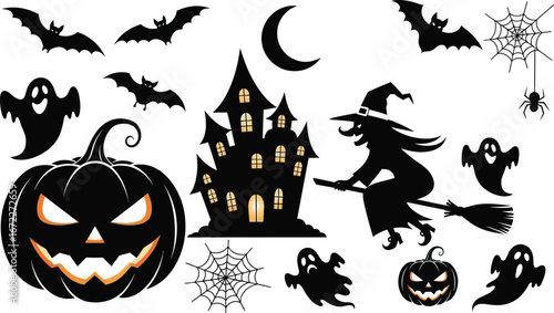 Spooky halloween silhouettes with witch ghosts and haunted house