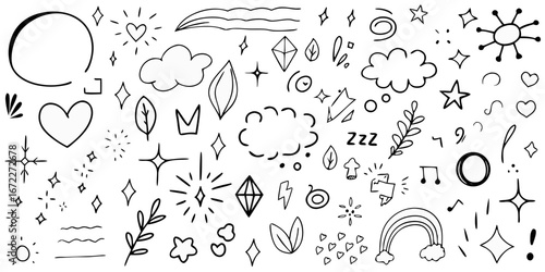 Collection of hand drawn doodle elements including stars hearts clouds rainbow and decorative shapes