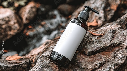 Blank bottle of liquid soap resting on rocks.