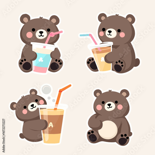Photography Cute brown teddy bear set featuring a collection of cartoon animal illustrations