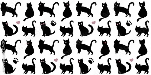 Seamless pattern of black cat silhouettes in various poses with pink hearts and paw prints