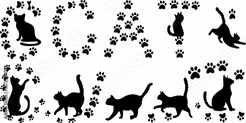 Collection of black cat silhouettes and paw prints forming the word cat and decorative elements