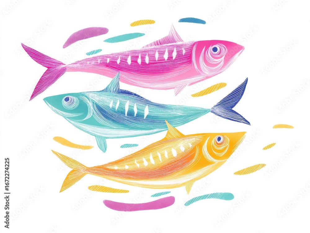 Fototapeta premium Three Stylized Sardines in Pink, Blue, and Yellow, Graphic Illustration on White, Colorful, Fish Illustration, Aquatic Animals, Modern Design