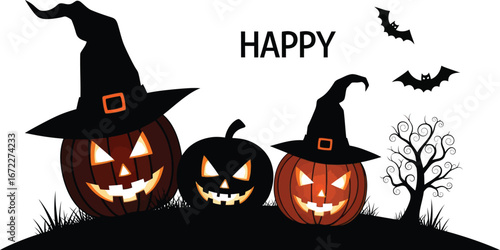 Happy Halloween glowing pumpkins wearing witch hats with spooky bats