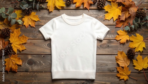 White short sleeve t-shirt mockup in a flat lay autumn scene with colorful leaves and pine cones on a rustic wooden background