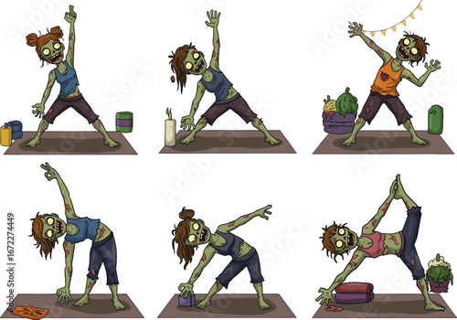 Zombie yoga girls cartoon, undead workout illustration, spooky fitness vector, Halloween exercise art, creepy stretching characters, horror gym design, funny monsters