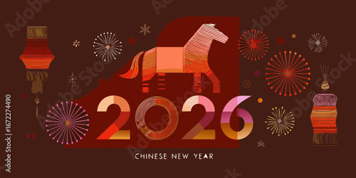 Artistic illustration of a stylized horse and the year 2026 for chinese new year celebrations