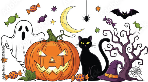 Spooky halloween scene with pumpkin cat ghost and other elements