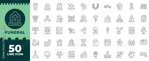 Funeral Editable Icons set. Vector illustration in modern thin line style of funeral related icons: cemetery, flower, death, and more. Isolated on transparent background