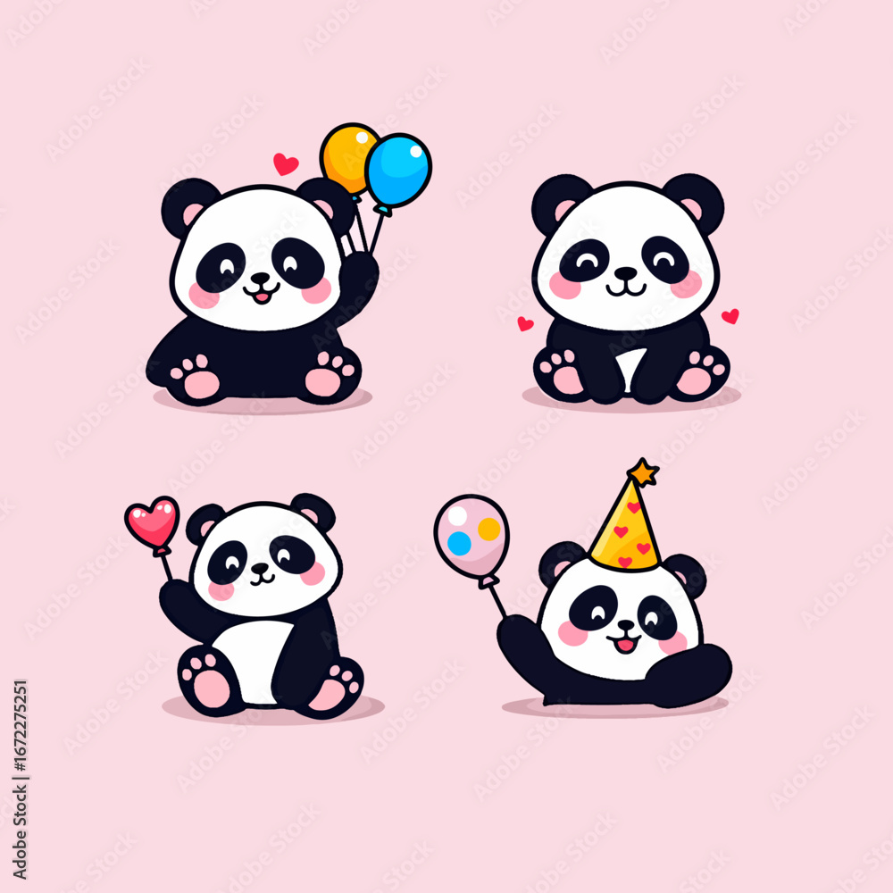 Fototapeta premium Cartoon panda with colorful balloons floating, joyful design ideal for children's prints and decorations