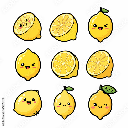 Adorable lemon characters collection with happy winking fruit and sliced lemon halves