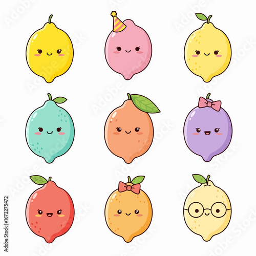 Set of cute yellow lemons in kawaii style with faces and smiles