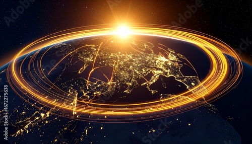 Futuristic view of Earth from space showing glowing rings of light symbolizing global network connections and data communication over continents at dawn
