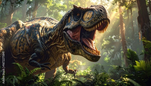 Majestic Tyrannosaurus Rex in Lush Jungle A Prehistoric Encounter Under Sunlight